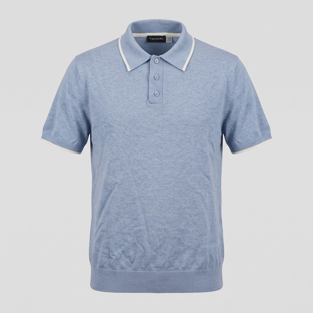 Tahari Mens Medium Blue Knit Polo Shirt Short Sleeve Tipped Collar Viscose Blend